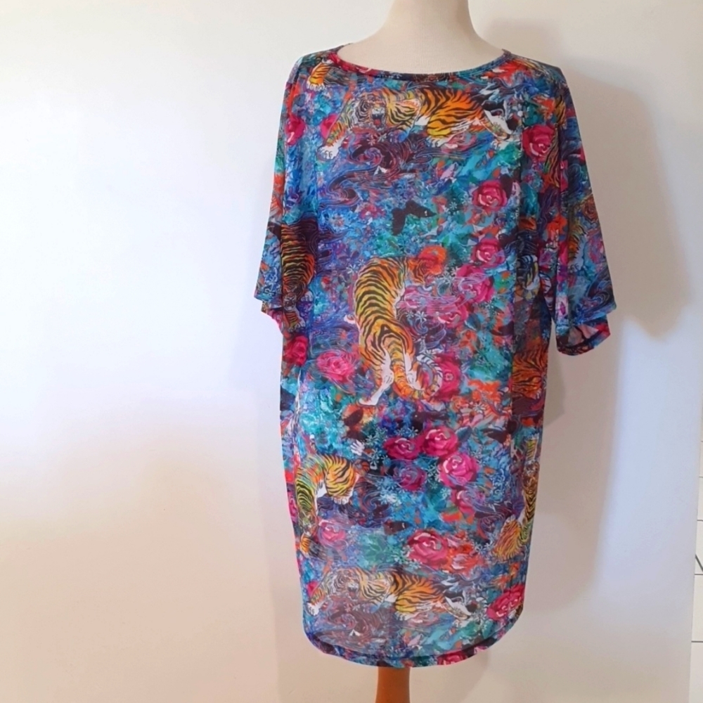 Exotica Size XXL Floral Tiger Print Mesh Top Size 18 approx - Picture 4 of 8
